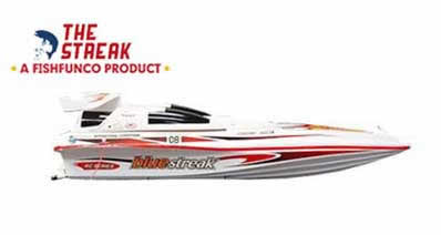 The New Streak Rc Fishing Boat includes, Transmitter, Batteries, Charger, Bobber, fishing hook, and line. Ready for Radio Control Fishing Adventure!
